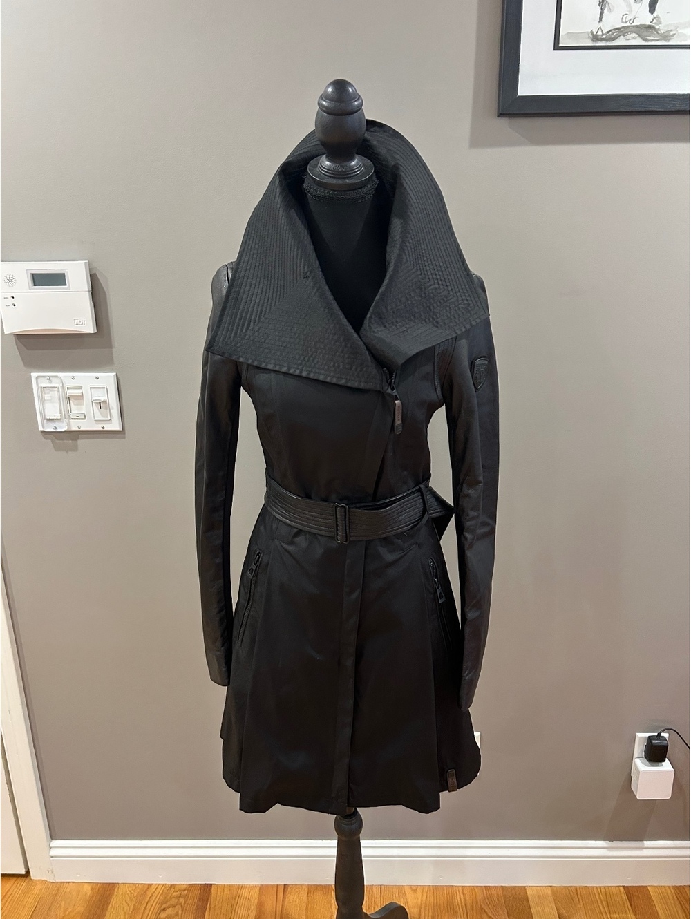 Rudsak Black Leather/Fabric Trench Coat with Belt and High Collar